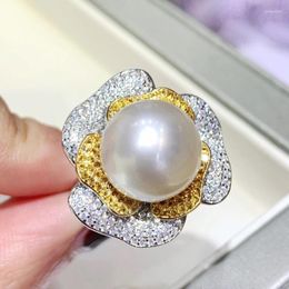 Cluster Rings MeiBaPJ 12-12.5mm Big Natural White Freshwater Pearl Flower Fashion Ring 925 Sterling Silver Fine Wedding Jewellery For Women