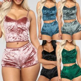 2024Sleepwear Sexy Womens 2Pcs Lingerie Velvet V Neck Pyjamas Set Chemise Shorts Nightwear Plus Size2