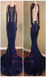 Navy Blue Mermaid Prom Dresses Sexy See Through Lace Applique Backless Beads Crystal Gold Applique Formal Long Evening Party Celeb9100411