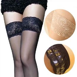 Sexy Socks Womens Sexy Lace Top Silicon Strap Anti-skid Thigh Nightclub High Stockings Over-the-knee Stockings Black Fleshcolor Hot Lady 240416
