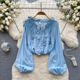 Women's Blouses V Neck Loose Casual Lantern Sleeve Blusas Stereo Flower Design Sense Single-breasted Vintage Sweet Gentle Korean Shirt