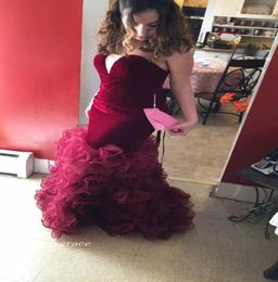 Sexy Burgundy Mermaid Long Prom Dress African Sweetheart Ruffles Open Back Formal Evening Party Gown Custom Made Plus Size5003126