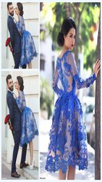 2019 Royal Blue Knee Length Homecoming Dresses Long Sleeves Lace Flowers Short Formal Cocktail Party Dresses Prom Gowns8283297