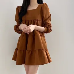 Casual Dresses Square Collar Dress For Women Elegant Vintage Fall Woman Spring 2024 High Waist Luxury Long Sleeve Party Solid Vestidos