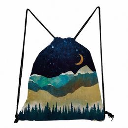 oil Painting Mountain Forest Print Drawstring Pocket Chinese Style Casual Portable Backpack Bag Unisex High Capacity Shoes Bags d5At#