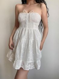 Casual Dresses Beran South French Holiday Sweet White Jacquard Waist Flat A- Line Loose Swing Tube Top Shoelace Dress Small