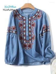 Women's Blouses 2024 Spring Summer Women Fashion Round Neck Ethnic Style Embroidery Spliced Sleeve Single Breasted Loose Denim Top