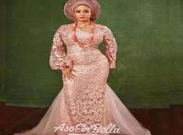 Sexy Plus Size Long Prom Dresses VNecK Long Sleeve Full Lace Mermaid Formal Dress Party Gowns Glamorous African Aso Ebi Evening D4407143