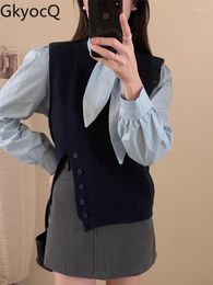 Women's Blouses GkyocQ Korean Chic Spring Women Tops Bow Tie Long Sleeve Solid Colour Basic Shirt Sleeveless Knitted Vest Female 2pc Sets