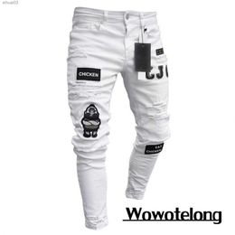 Men's Pants new White Embroidery Jeans Men Cotton Stretchy Ripped Skinny Jeans High Quality Hip Hop Black Hole Slim Fit Oversize Denim PantsL2403