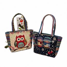 iskybob Women Embroidered Women Tote Bag Retro Owl Elephant Handbags Lady Large Capacity Reusable Shop Bag Shoulder Bag 2024 K8x7#