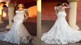 Modern Mermaid Wedding Dresses 3D Appliqued Lace Sheer Neck Long Sleeve Bridal Gowns Illusion Wedding Dress robe de7830583