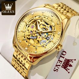OLEVS Mens Watches Luxury Gold Skeleton Automatic Mechanical Wrist Watch for Man Waterproof Stainless Steel Luminous Business 240407