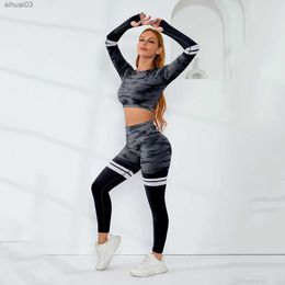 Women's Tracksuits High-Waist Hip Lift Yoga Leggings Long Sleeve Waist Sexy Top Yoga Suit Female Elastic Sexy SportswearL2403