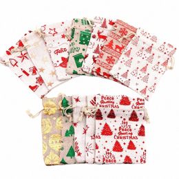 christmas Gift Bag Drawstring Lovely Portable Mini Storage Candy Bag Santa Claus Elk Printed Packaging Cott Bags 10*14cm l2iI#