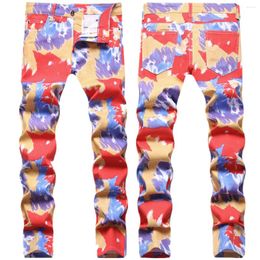 Men's Jeans Fashion Casual Slim Print Elastic Personality Colour Small Feet Mid-waist Pants