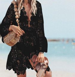 2020 New Summer Women Bikini Cover Up Floral Lace Hollow Crochet Swimsuit CoverUps Bathing Suit Beachwear Tunic Beach Dress 5888240