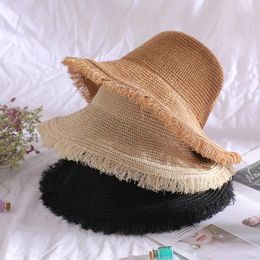 Wide Brim Hats Straw Hat Women Sun Protection Beach Cap Summer Casual Flat Top Panama Fisherman Accessories