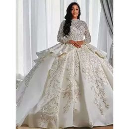 Luxurious Arabic Style A Line Wedding Gowns Long Sleeves Plus Size Puffy Train Princess Sparkly Sequins Bridal Party Dresses Robe De Marriage DHL BC14746