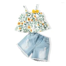 Clothing Sets 0-24M Born Baby Girl 2 Pcs Clothes Suit Summer Sleeveless Round Neck Floral Vest Sling Shirt Ripped Denim Short Pants Kid