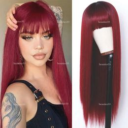 Red Wigs Neat Bangs Long Silky Straight Wig Heat Resistant Synthetic Fiber Hair Dark Roots Ombre Color Glueless Full Hine Made