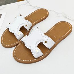 2024 Spring Summer New Style Calf Leather Half Slippers Classic Embossed Logo Oil Edge Craft Upper Leather Rubber Thick Sole Black White Brown Slippers Size 35-41