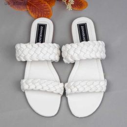 Slippers 2024 New Designer Women Outside Summer Woman Flat Slides High Quality PU Leather Fashion Double Weave Beach Sandals H240416 EFBB