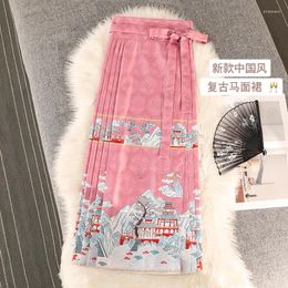 Skirts Printed Satin One Piece Lace Up Pleated Skirt Pink Harajuku Gothic Long Maxi