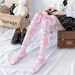 Sexy Socks New Unicorn Print Women Stockings Fashion Sexy High Tube Cute Girls Over The Knee Stockings Pink Cartoon Nylon Silk Long Socks 240416