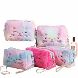 1 Pc Fur Cat Cosmetic Bag for Women Plush Girl Makeup Bag Female Beauty Case Travel Portable Toiletry Makeup Case Bag h6pX#