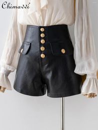 Women's Shorts Black Pu Leather Pants Women 2024 Spring Summer Metal Button Pocket High Waist A- Line Casual Wide-Leg For Cool Girl