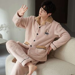 2pcs Men's Winter Pama Sets Coral Fleece Thicken Warm Sleepwear for Sleeping Casual Comfortable Male Pamas Pyjama Homme 3XL