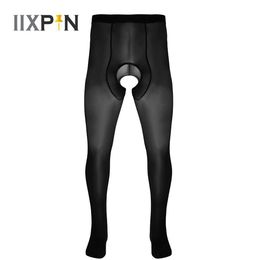 Sexy Socks Gay Men Lingerie Ice Silk Pants Bottom Wetlook Patent Crotchless Sexy Legging Slim Fit Open Crotch Leggings Tight Pants Trouser 240416