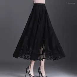 Skirts Elegant Lace Patchwork Black Spring Summer Solid Loose Hollow Out A-line Skirt Fashion Temperament Women Clothing ZL463