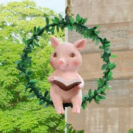 Decorative Flowers Artificial Wreath Wall Hanging Decor Pig Statue Cute Sculpture Home Decoration Animal Ornament For Porch Garden Window