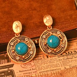 New Design New retro turquoise antique style earring diamond 18K gold circular pendant ear studs PH-889