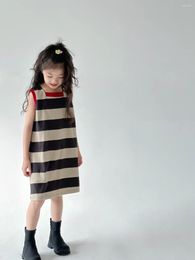 Girl Dresses 2024 Arrivals Girls Striped Patchwork Vest Dress Sleeveless Summer Fashion Kids Clothes 4-9 Years