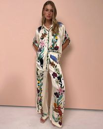 STYLISH LADY Graffiti Printed Satin 2 Piece Set Women Half Sleeve Shirt and Wide Leg Pant Suits 2024 Summer Elegant OL Outfits