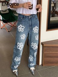 Women's Jeans ENjoyce Spring Fall Women Original Aesthetic Flower Pattern High Waist Designer Brand Casual Loose Straight Denim Pants