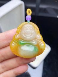 Pendant Necklaces Certified Natural Emerald Buddha Head Rare Yellow Jadeite Floating Green Noble Jewelry Necklace Luck Accessories