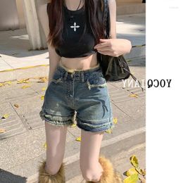 Women's Jeans Ragged Edges High Waisted A-line Denim Shorts Spicy Girls Small Figures Trendy And Versatile Wide Leg Pants Blue Insets