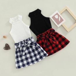 Clothing Sets FOCUSNORM Summer Fashion Little Girls 2pcs Clothes 0-4Y Halter Sleeveless Solid Vest Top Plaid Printed A-Line Skirts