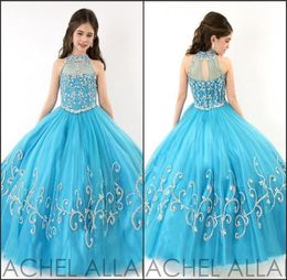 Rachel Allan Perfect Angles Girls Pageant Dresses 2016 Turquoise Halter Neck with Rhinestones Corset Ruffles Tulle Child Party Gow8432471