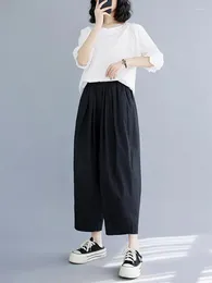 Women's Pants Korean Version Women Summer Black Beige Casual Loose Elastic High Waist Cotton Pocket Ankle-length Harem Pant Brown Oversized