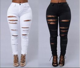 High Street Women Skinny Jeans Sexy Ripped Skin Tight Jeans Fashion Black and White Pencil Denim Pants4839365