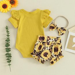 Clothing Sets Baby Girls Summer Outfits Letter Print Short Sleeve Romper And Sunflower Shorts Cute Headband 3 Piece Clothes