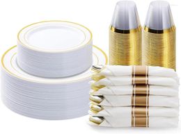 Disposable Dinnerware 175PCS Gold Plastic Set Party Plates For 25 Guests Include 50 Pre Rolled Napkins