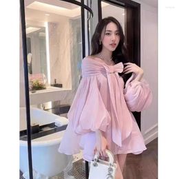 Casual Dresses Lolita Sweet Bow Black Pink Red Super Mini Dress Small Girl Sexy Off Shoulder Loose Lantern Sleeve Strapless Party