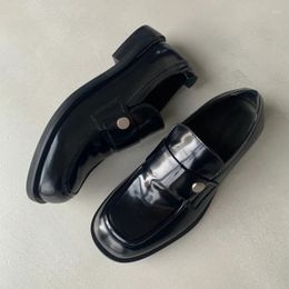 Dress Shoes Black Thick Sole Loafers Ladies Spring Slip-On Metal Decorated Genuine Leather For Women Square Toe Pumps Zapatos