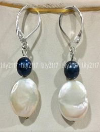 Natural 1314mm South Sea coin white black pearl Silver Plated Dangle earrings2758354